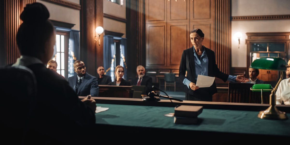A lawyer presenting a case in a courtroom